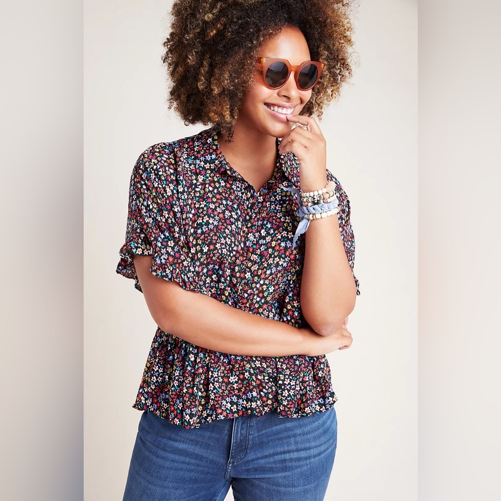 Maeve Black Floral Ruffle Peplum Blouse